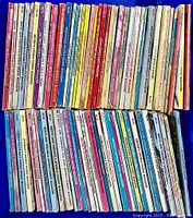 Two photos showing a large assortment of vintage Archie comic digests in two rows with spines facing outward, titles visible showing multiple series of Archie digests mainly from the 1980s and 1990s.