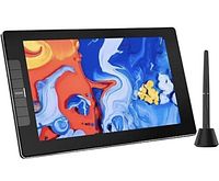 Veikk VK1200 graphics tablet with black stylus pen and pen holder, showing colorful display and shortcut keys on side.