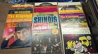 21 vinyl record albums stacked and spread to show artist and album titles such as The 4 Seasons, The Kingsmen, The Ventures, The Lovin' Spoonful, Mamas & Papas, and The Neptunes.