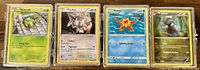 Front view of four Pokémon cards (Spinarak, Furfrou, Staryu, Deino) in clear protective cases.