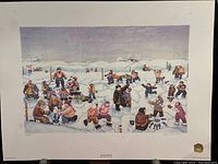 Full view of the signed limited edition print showing the winter ice fishing scene with people and fish.