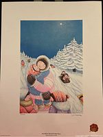 Full view of the print showing the winter scene of mother and child hugging, with border.