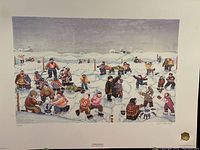 Full view of Alberto De Castro Winter Weekend limited edition print showing winter ice fishing scene with many figures and snowy landscape.