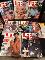 8 LIFE magazine issues displayed with celebrity covers including Liz Taylor, Marilyn Monroe, Ronald Reagan, Brooke Shields, Raquel Welch, and Monaco's royal family.