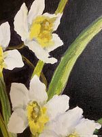 Close-up showing detailed jonquil flowers painted in oil, highlighting brushwork and color blending on canvas.