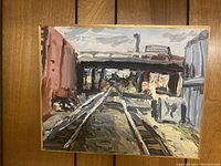 Full view of the abstract acrylic on canvas painting showing train tracks and urban bridge scene with muted color palette and thick impasto strokes.