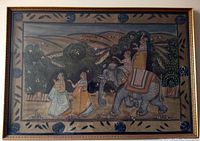 Framed Indian style painting depicting elephants and people in a traditional landscape.