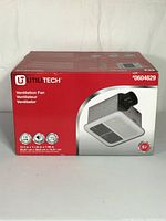 Photo showing front of Utili Tech ventilation fan box with product name, image, and specs.