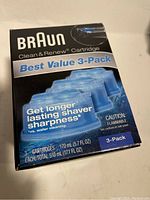 Box front showing Braun brand, Clean & Renew Cartridge label, Best Value 3-Pack indication, and volume details with a flammable caution.