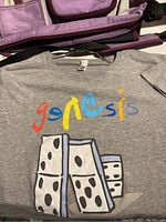 Gray Genesis XL T-shirt with colorful Genesis text and domino graphic front and center