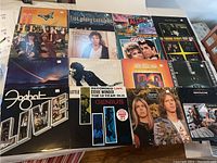 Top down photo showing all 13 vinyl LP covers arranged in a grid on a table, includes a variety of rock and classic artists