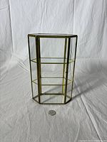 Glass and brass display case front view with coin for scale showing clear glass and brass frame.