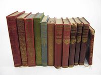 Front view of 12 vintage hardcover books arranged vertically showing different colored covers and titles on spines, some with gold embossing and signs of wear.