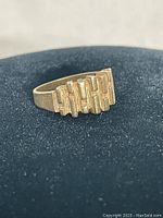 Front-facing view on black velvet stand showing raised rectangular bar design.