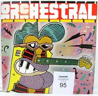Front cover of Frank Zappa Orchestral Favorites vinyl album showing colorful abstract cartoon art with guitar and piano keys.