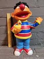Front view of 16-inch Ernie figure holding rubber duck with a ruler showing height