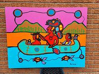 Full front view of painting against brick wall.