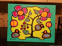 Front view of entire painting showing stylized birds, flowers, green/yellow background and artist signature