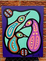 Frontal view of the painting against a brick wall background