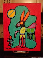 Front view of painting with red background and abstract figures, signed 'Burrows' at bottom left