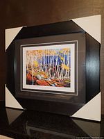Framed fine art print "In the Northland" by Tom Thomson shown with protective corner covers and visible signature and numbering on the print.