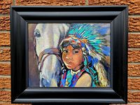 Framed original acrylic painting on board showing a Native American child in a feathered headdress standing beside a white horse, artwork titled 'My Best Friend' by Dim Hill.