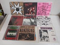 Top view of 10 punk vinyl 45 RPM records showing their covers arranged in a grid on a white surface.