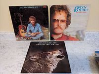 Three vinyl albums shown upright: two Gordon Lightfoot albums (one with Lightfoot sitting with a guitar, one titled 'Endless Wire' with a portrait cover) and one James Taylor album 'Never Die Young' with wolf cover image.