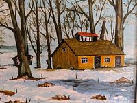 Close-up of painting showing yellow sugar shack in snow, signed B. Terdue