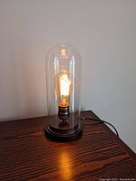 Photo showing the illuminated Edison bulb inside a tall glass dome with visible filament and black base.