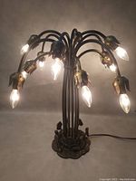 Full front view of Tiffany style metal table lamp with twelve flower-shaped bulb holders, lit bulbs, and round floral base.