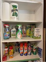 Wide shot of top three shelves showing all cleaning products and household items available in the lot.