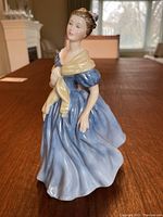 Front angled view of the Royal Doulton Adrienne figurine showing details of the face, dress and shawl.