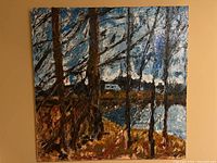Frontal view of the acrylic painting showing trees, water, and sky in a landscape format with autumn colors.