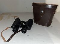 Birks 7x35 binoculars with leather strap alongside brown leather carrying case, showing overall condition.