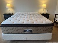 Queen mattress and box spring atop black metal frame, flanked by nightstands and lamps