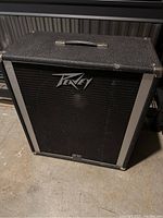 Front view of black Peavey amplifier speaker cabinet with silver Peavey logo.