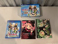Photo showing the PS4 game case, the decorative box, and two art books all featuring anime-style artwork related to Senran Kagura Peach Beach Splash.