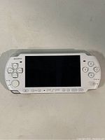 Front view of a white Sony PSP 3001 handheld gaming console showing screen, directional pad, analog stick, and control buttons.
