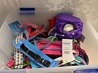 Plastic bin containing assorted dog collars, leashes, and clothing items including a purple jacket and red jacket.