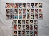 Photo showing 45 hockey cards arranged in plastic sleeve pages on a light background.