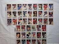 Photo showing 45 hockey cards arranged in plastic sheets, displaying a variety of players and teams.