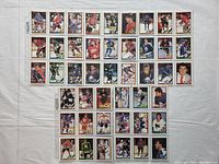 Full view of 45 hockey cards laid out in rows on a flat white surface. Cards show various hockey players in action and posed images, all protected in clear plastic sleeves.