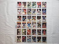 Photo of 36 hockey cards laid out in plastic file pages, showing front of each card with players in various poses and identifiable NHL teams.