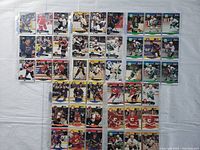 Top-down photo of 45 hockey cards arranged in rows. Cards are in clear plastic protective sleeves. Players and team logos visible. Cards from early 1990s era.