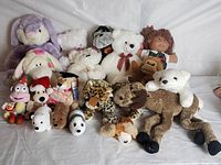 Photo showing a collection of 16 assorted stuffed toys including animals and dolls. Toys are different sizes, colors, and shapes arranged on a light background.