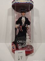 Front view of Chilean Barbie doll in original packaging showing full traditional attire and box details.