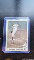 Photo of 1959 Fleer Ted Williams baseball card in protective case showing player on field and descriptive text.