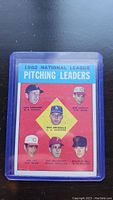 Back side of 1962 Topps Don Drysdale baseball card showing National League pitching leaders.