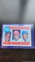 Baseball card showing 1968 National League Home Run Leaders: Willie McCovey, Richie Allen, and Ernie Banks. Card is in a protective plastic case.